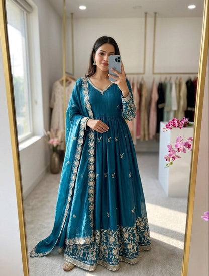RangBhoomi Fendy Satin Silk Gown Set with Micro Silk Pants & Embroidered Dupatta