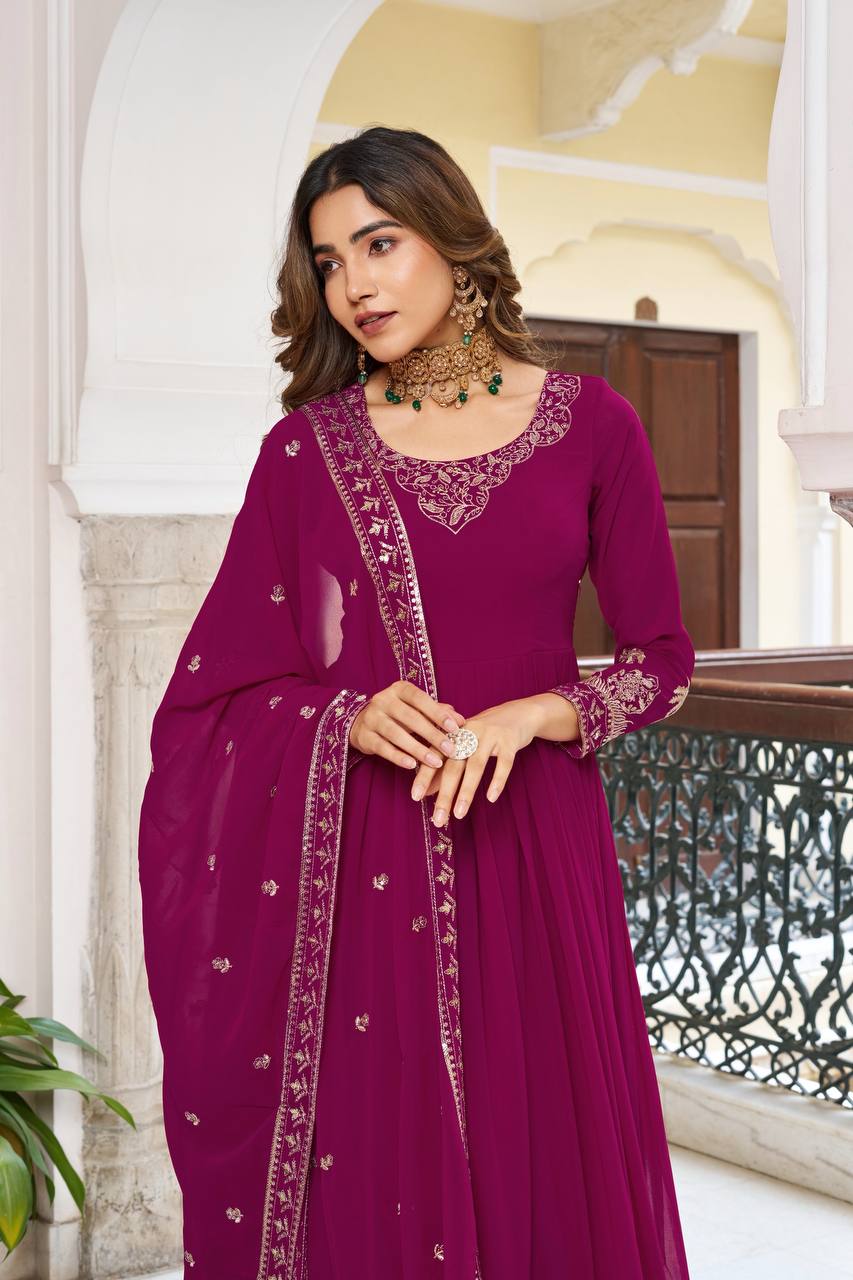 RangBhoomi Elegant SP Series Gown Set with Realistic Modeling - Faux Georgette & Microfiber Fabric, Thread and Sequence Embroidery