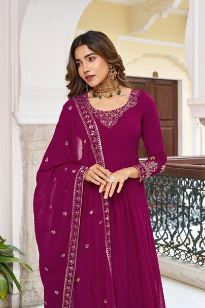 RangBhoomi Elegant SP Series Gown Set with Realistic Modeling - Faux Georgette & Microfiber Fabric, Thread and Sequence Embroidery