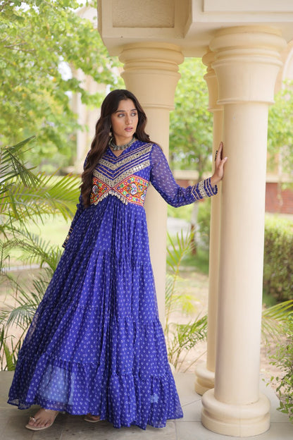 RangBhoomi Bandhani & Kutchi Patchwork Faux Georgette Gown — Navratri Special