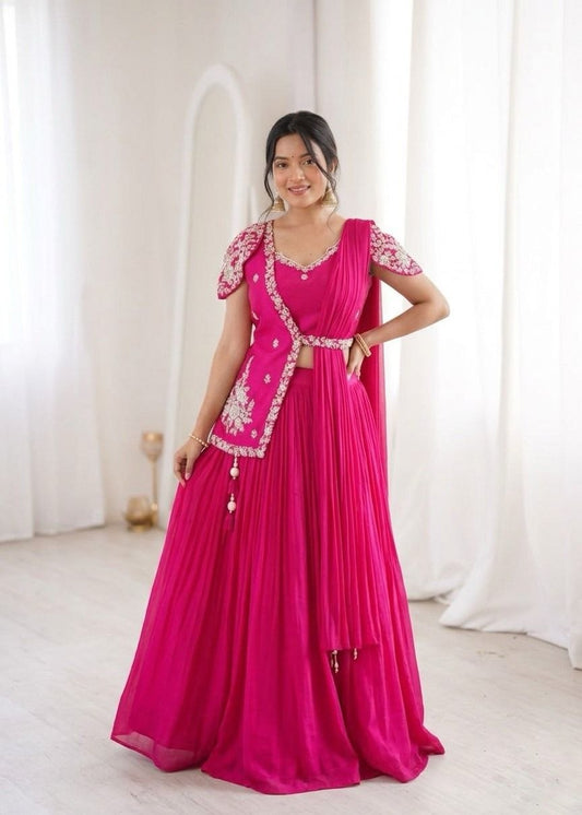 Elegant Embroidered Lehenga Choli Set with Stylish Jacket – Free Size, Premium Fabrics