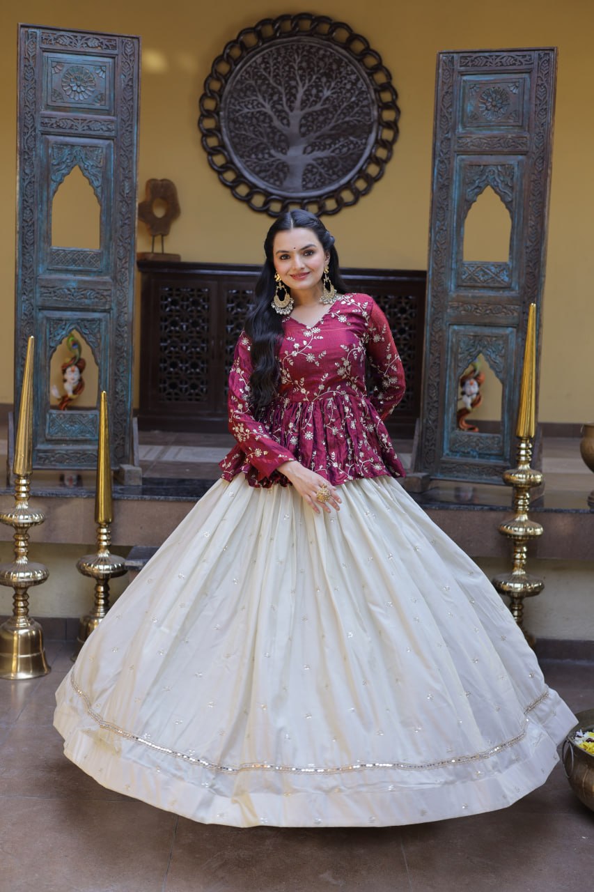 RangBhoomi Elegant Silk Embroidered Crop Top Set with Flared Lehenga and Sequined Detailing