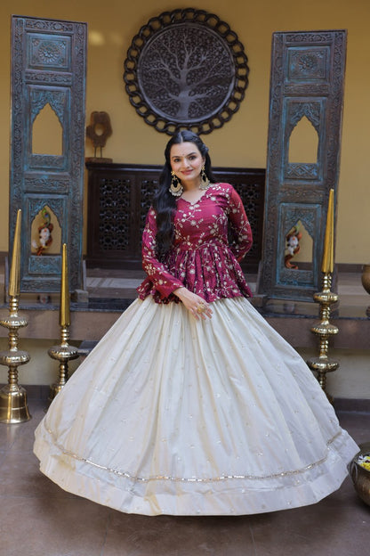 RangBhoomi Elegant Silk Embroidered Crop Top Set with Flared Lehenga and Sequined Detailing