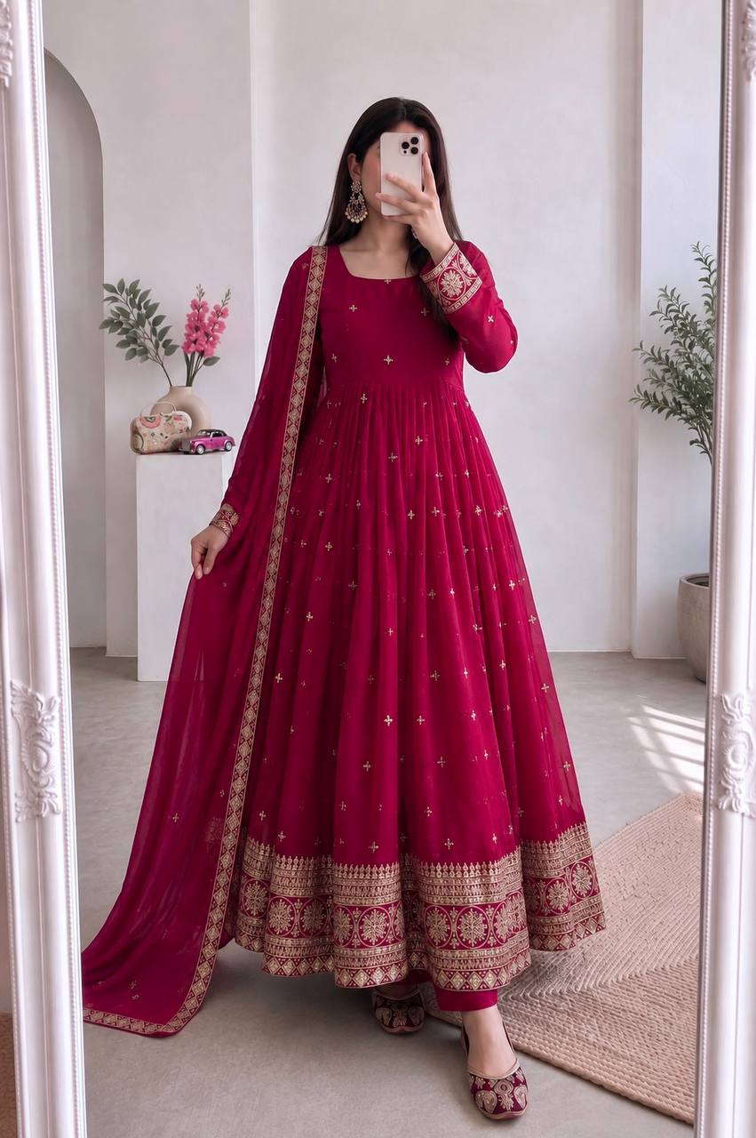 RangBhoomi Designer Party Wear Gown Set — Embroidered Heavy Fandy Silk with Dupatta & Pant