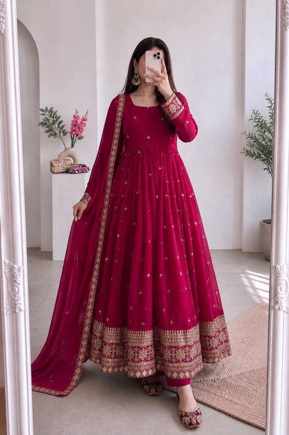 RangBhoomi Designer Party Wear Gown Set — Embroidered Heavy Fandy Silk with Dupatta & Pant