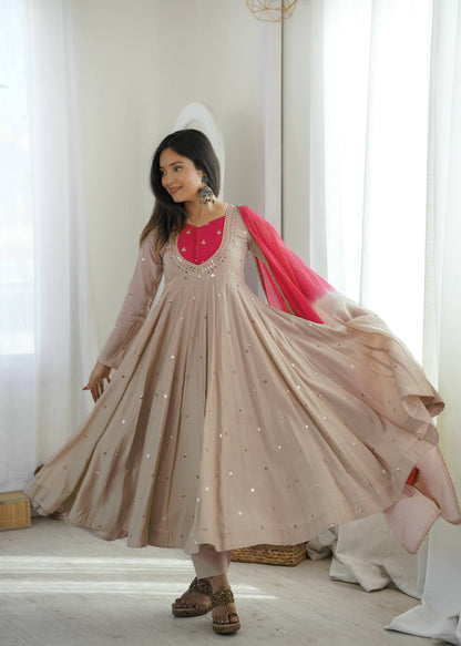 RangBhoomi Roman Silk Anarkali Set with Mirror Embroidery & Kota Chexs Dupatta - Ready-to-Wear