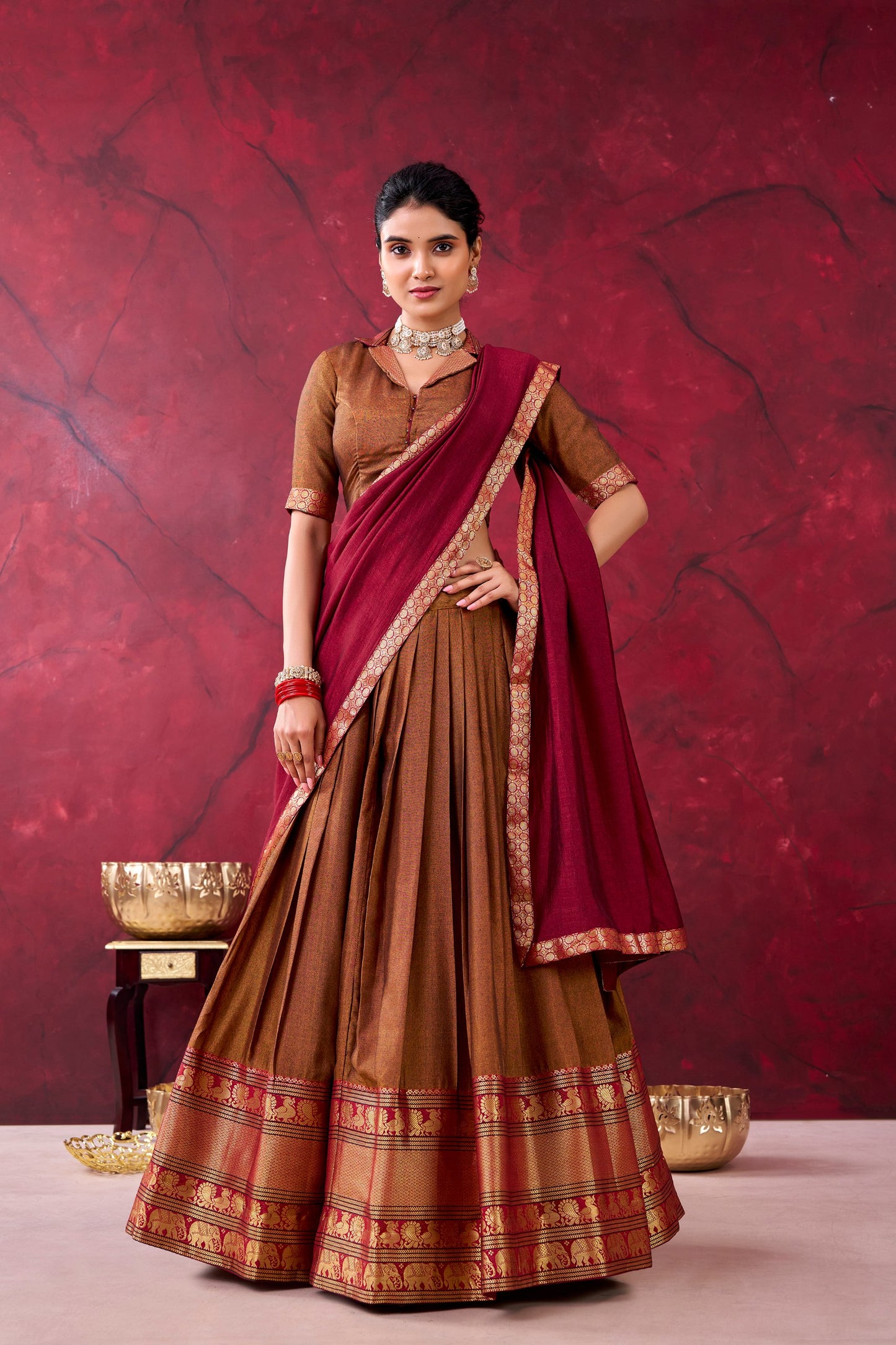 Elegant Narayanpet Cotton Lehenga Set with Zari Weaving Work – Includes Stitched Lehenga, Unstitched Blouse, Crepe Dupatta, Tassels, and Drawstring Belt