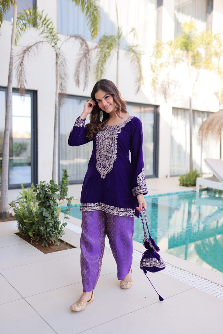 Ready-to-Wear Velvet Top and Pant Set with Embroidered Batwa from RangBhoomi Collection
