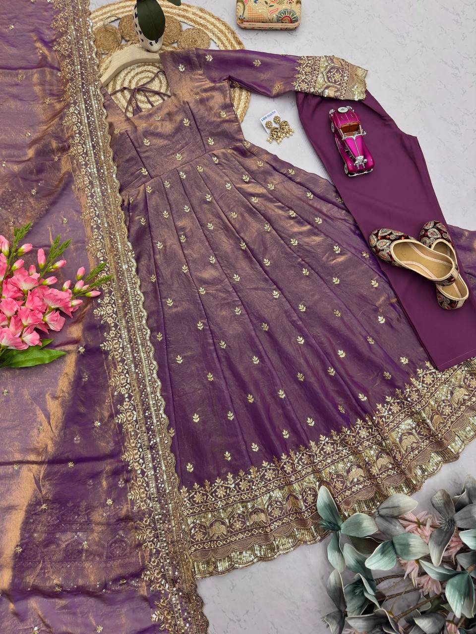 RangBhoomi Designer Embroidered Party Gown with Dupatta & Pant — Heavy Fandy Silk, 17 Colours