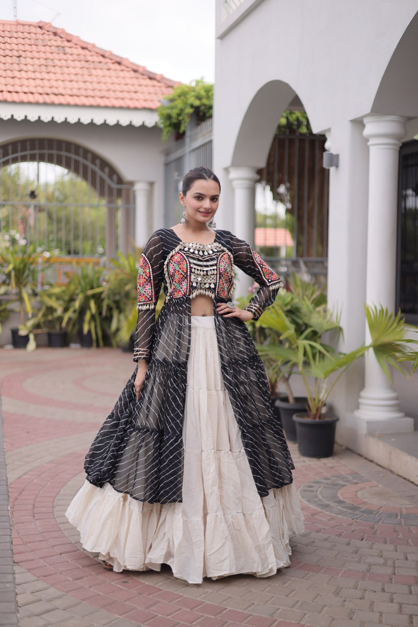 RangBhoomi Kora Cotton Lehenga & Faux Georgette Kurti Set - Full-Stitched, Frilled Lehenga, Laheriya Print Kurti