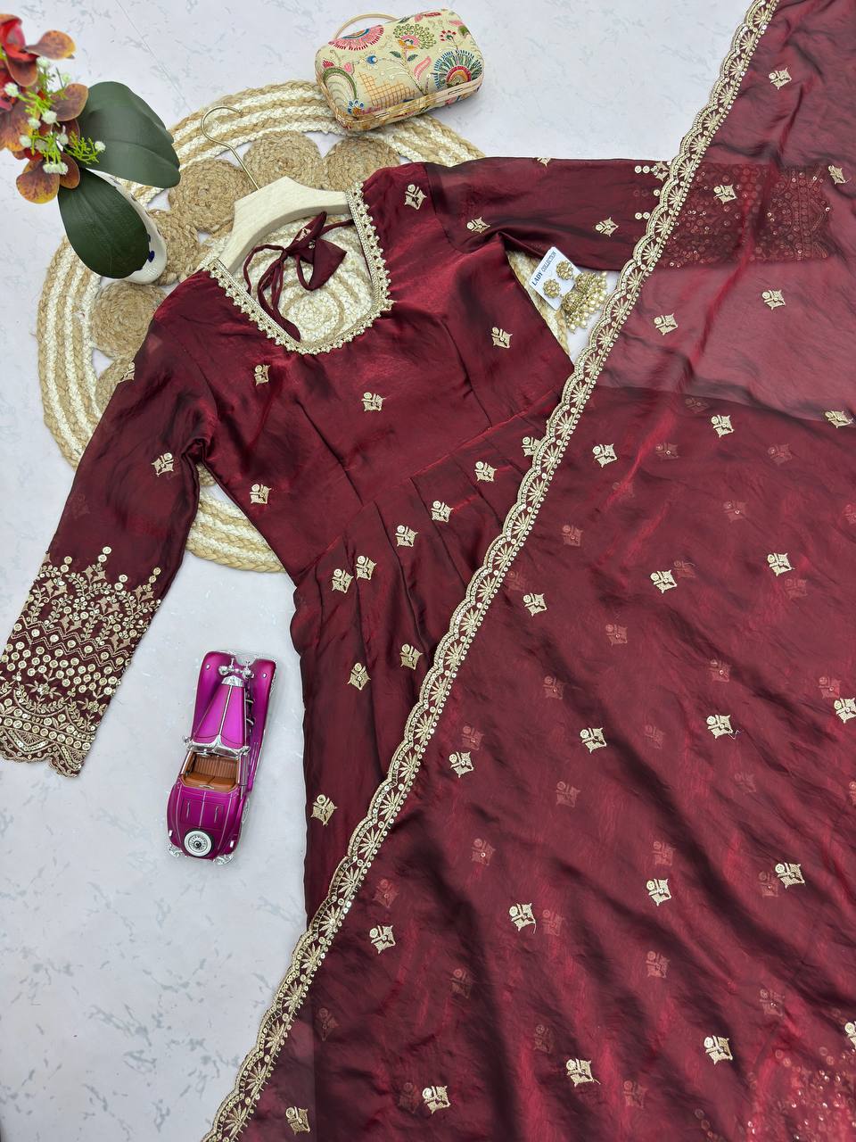 RangBhoomi Exclusive Designer Party Wear Collection – Elegant Two-Tone Silk Gown with Embroidery and Pearl Accents