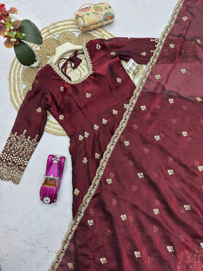 RangBhoomi Exclusive Designer Party Wear Collection – Elegant Two-Tone Silk Gown with Embroidery and Pearl Accents