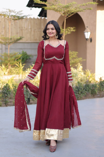 RangBhoomi Silver Mirror Lace Gown with Dupatta - Elegant Occasion Wear