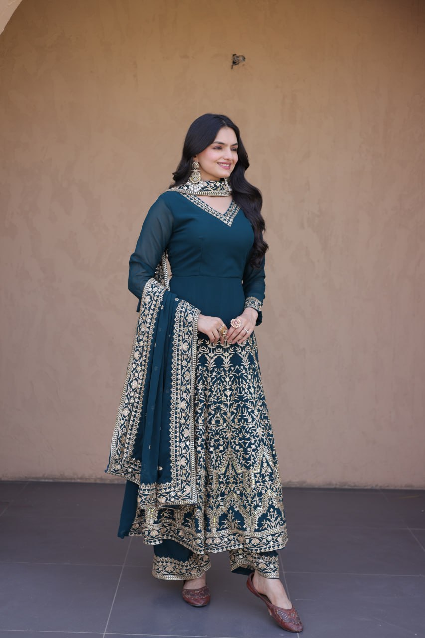 RangBhoomi Premium Readymade Gown with Pant & Dupatta Set - Embroidered Faux Blooming Festive Ensemble