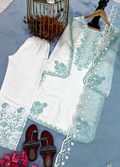 Elegant Party Wear Set Featuring Premium Roman Glass Embroidered Top with Fancy Bell Sleeves and Stylish Palazzo Pants with Dupatta