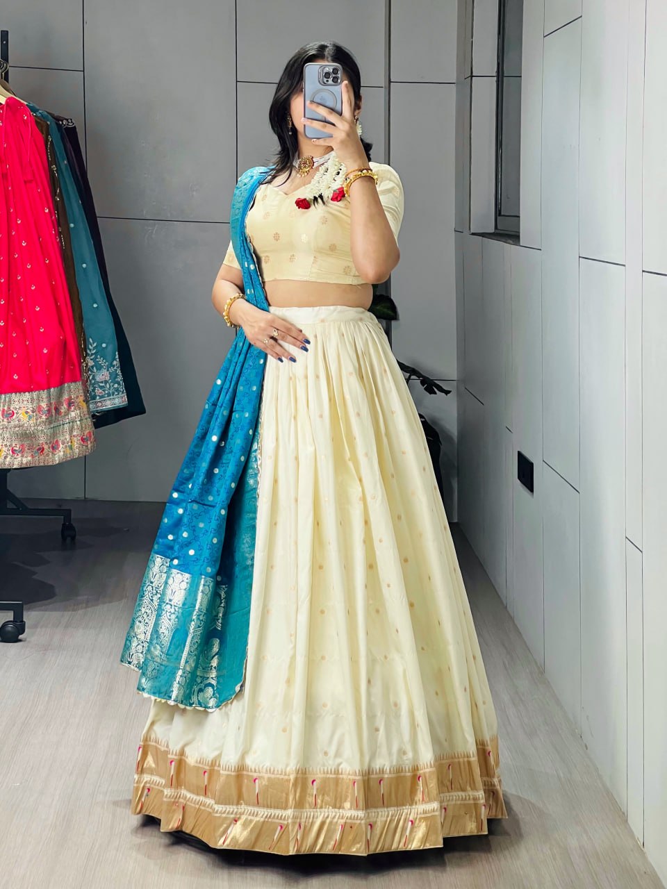 Exquisite Paithani Silk Lehenga Choli with Iconic Gold Zari Border and Satin Silk Dupatta