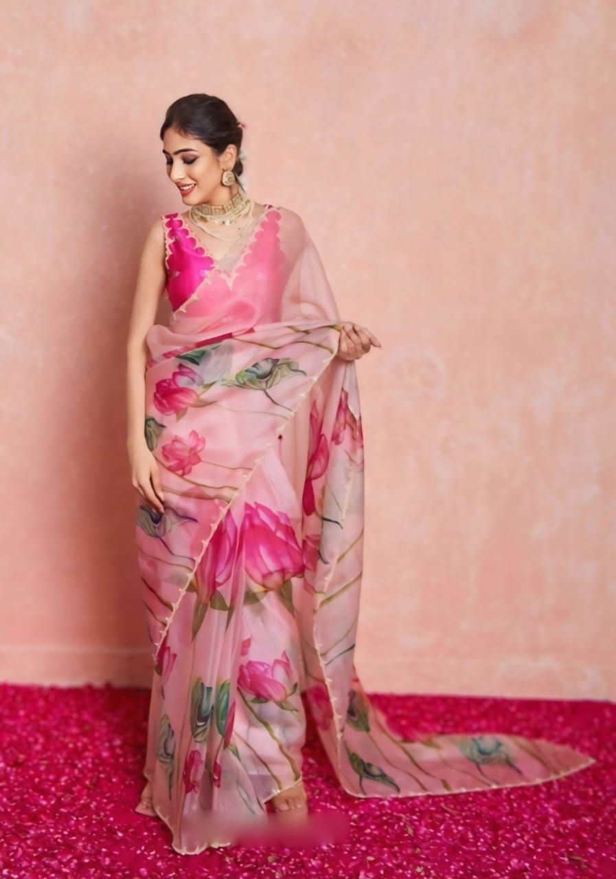 Ready To Wear Organza Silk Saree - Floral Printed