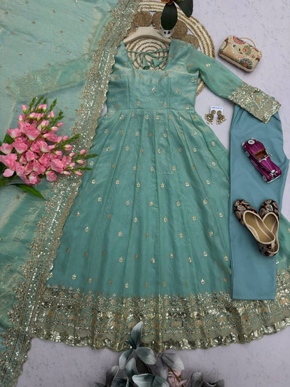 RangBhoomi Designer Embroidered Party Gown with Dupatta & Pant — Heavy Fandy Silk, 17 Colours