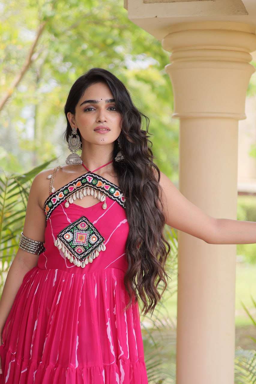 RangBhoomi Navratri Laheriya Patchwork Faux Georgette Gown - Sleeveless 56" Length, L (Adjustable 38-44)