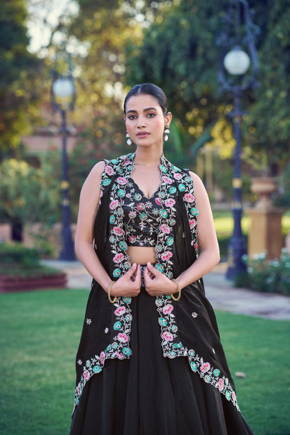 Elegant Black Lehenga Choli Set with Sequins and Thread Embroidery – Traditional Festive and Wedding Wear