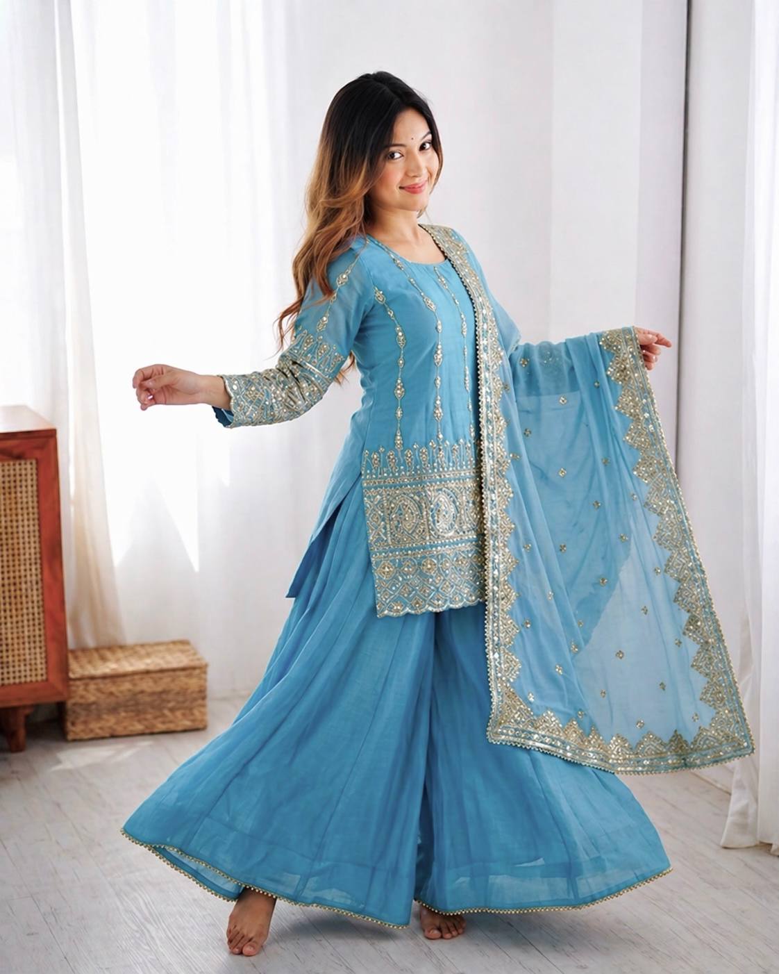 RangBhoomi Heavy Vichitra Silk Embroidered Top, Sharara & Dupatta Set