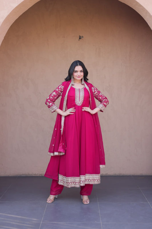RangBhoomi Premium Readymade Gown Set with Pant & Dupatta - Faux Blooming Embroidered