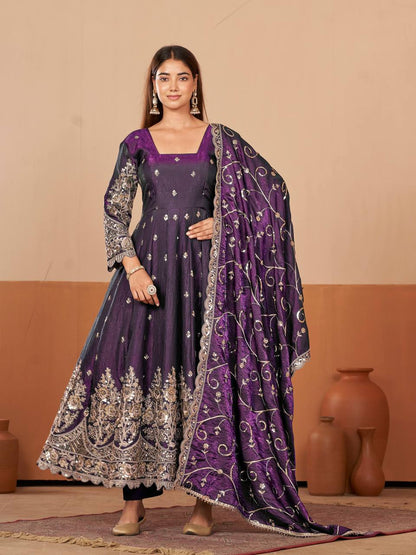 RangBhoomi Designer Party Wear Gown Set — 10 Colors, Heavy Jelly Shimmer Silk, Fully Stitched Embroidered Gown with Dupatta & Micro-Cotton Pant