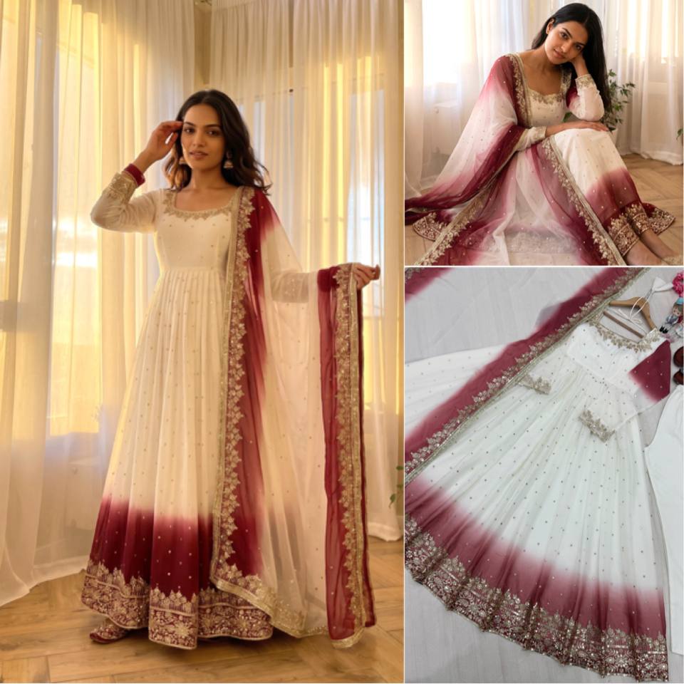 RangBhoomi Dual Tone Embroidered Georgette Anarkali Gown Set with Dupatta & Bottom