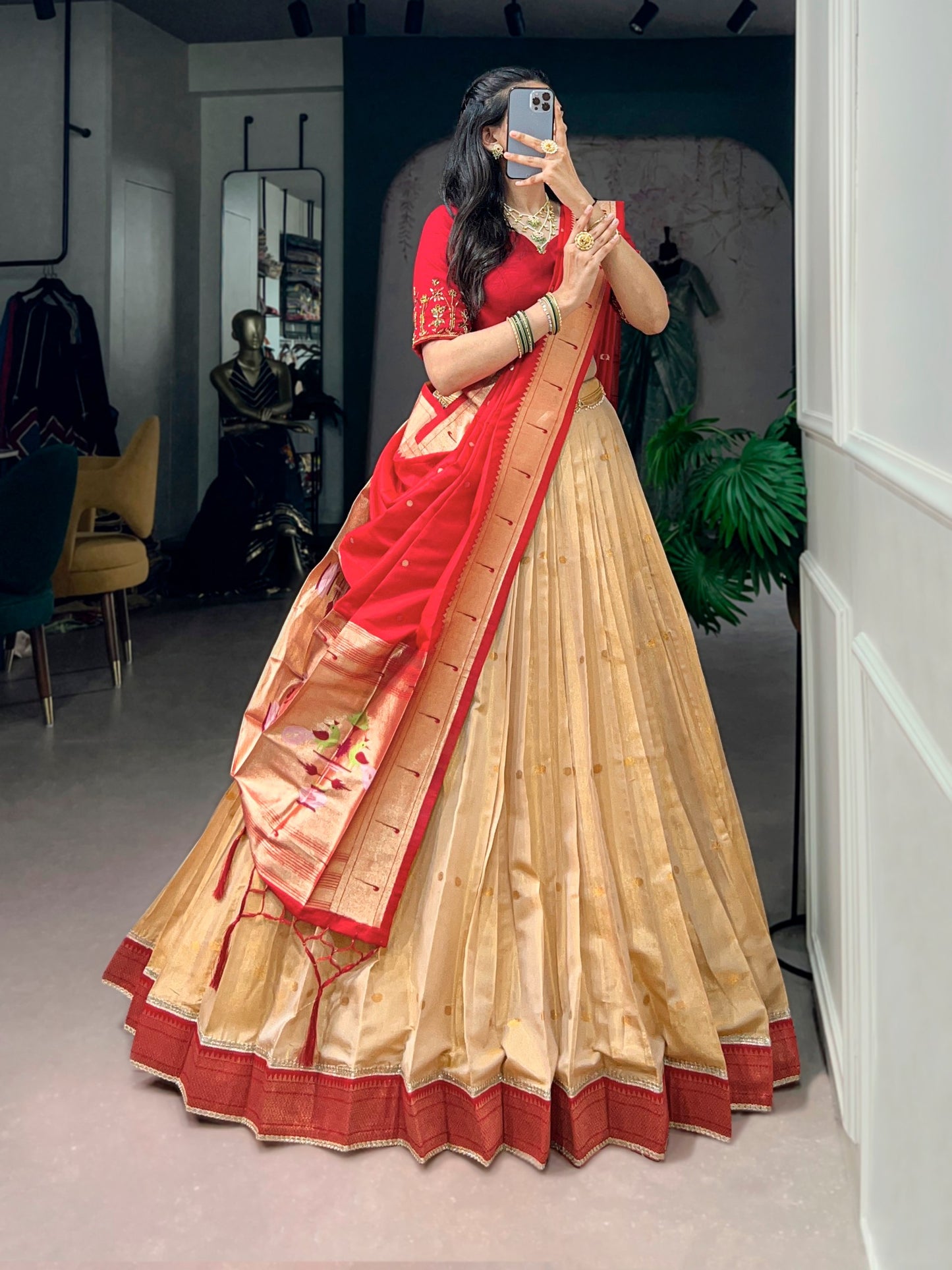 RangBhoomi Paithani Kanchipuram Silk Lehenga Set with Jacquard Paithani Dupatta
