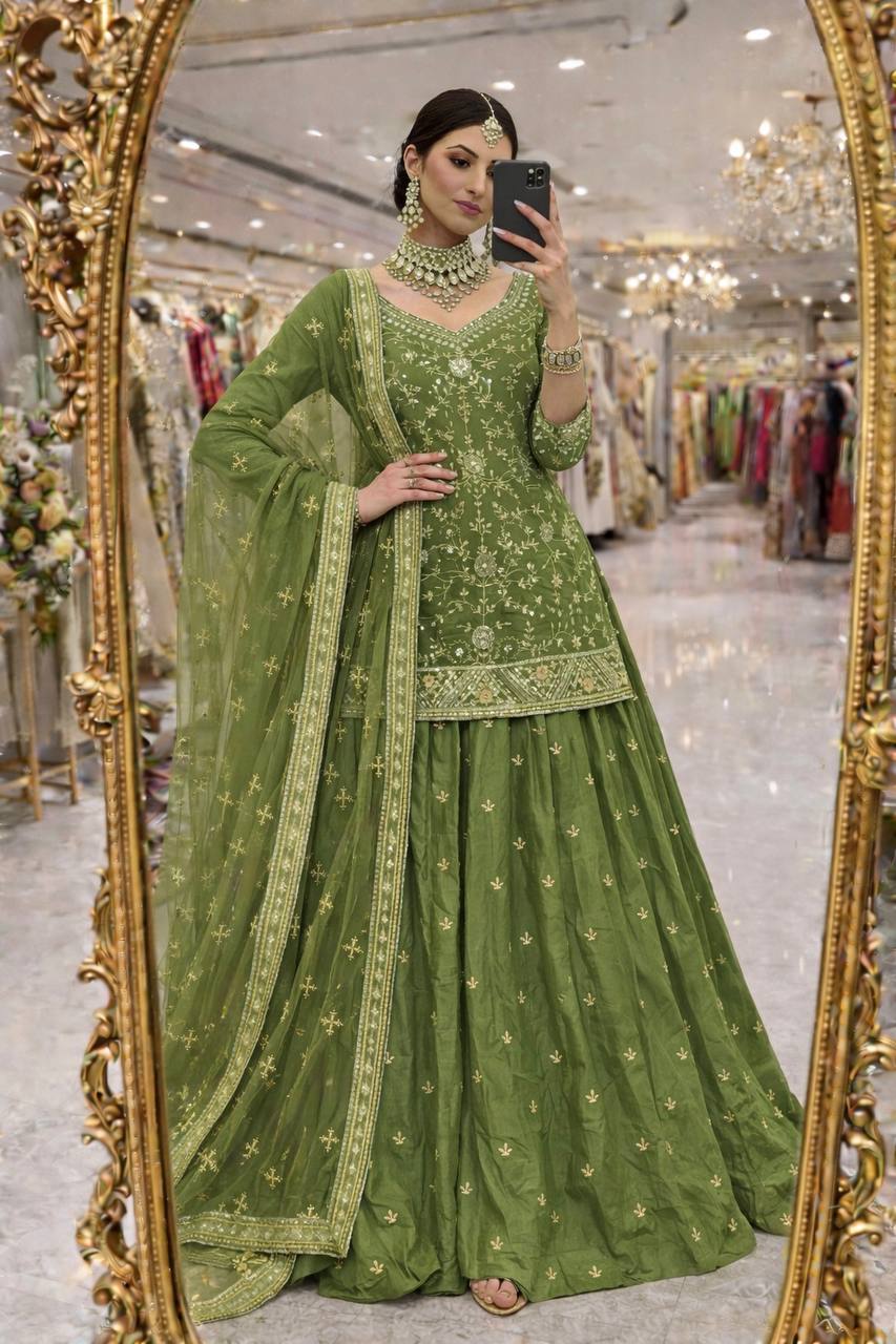Exclusive Designer Party Wear Collection - Elegant Full-Stitched Shimmer Silk Lehenga Ensemble