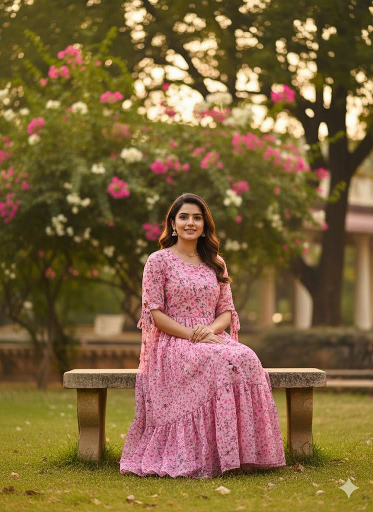 Model sitting on a bench wearing Rosy Retro Georgette Maxi Dress.