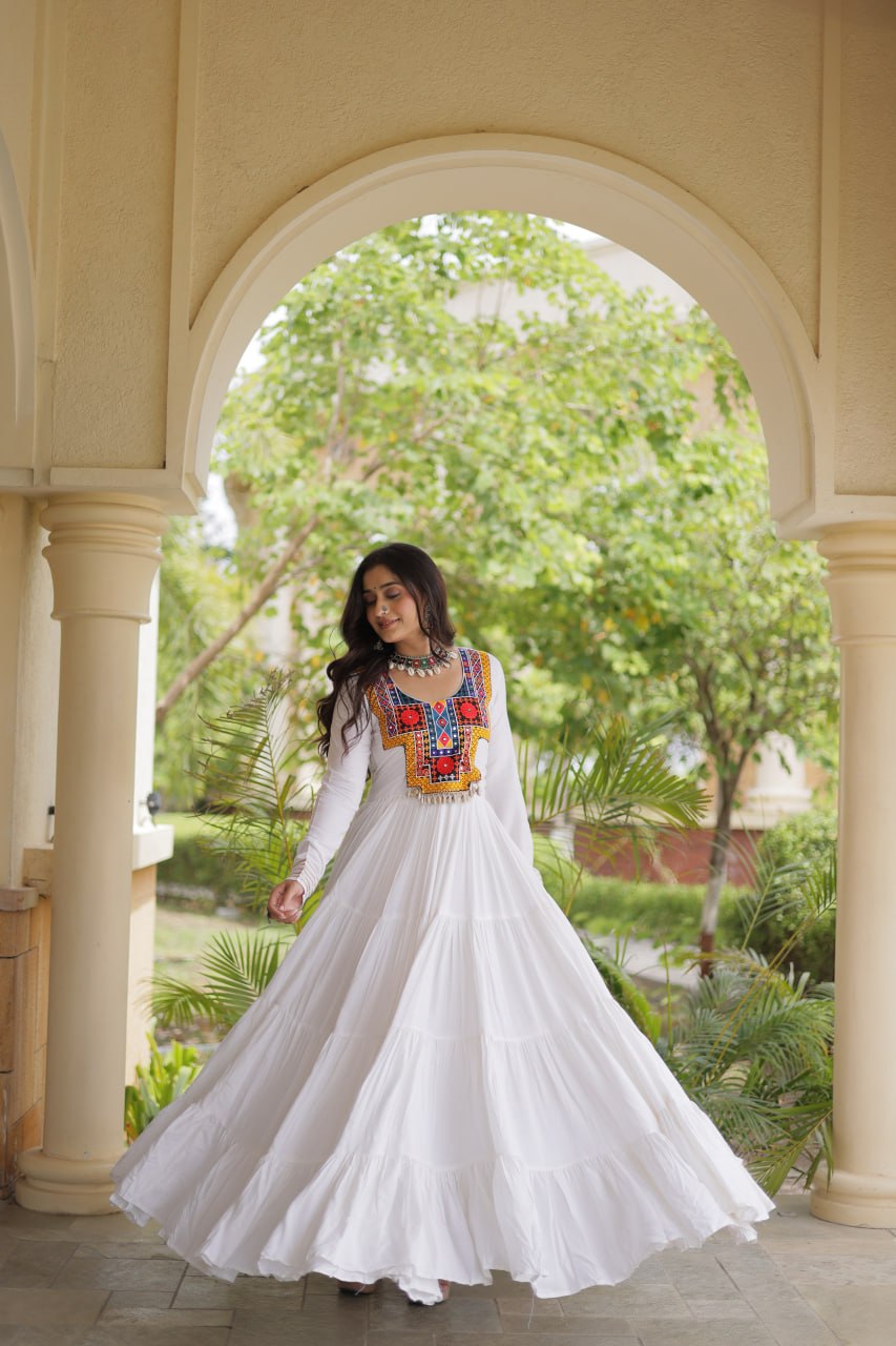 RangBhoomi Navratri Gown Collection 2026 — Wine, Rama & White Embroidered Mirror Work Gown