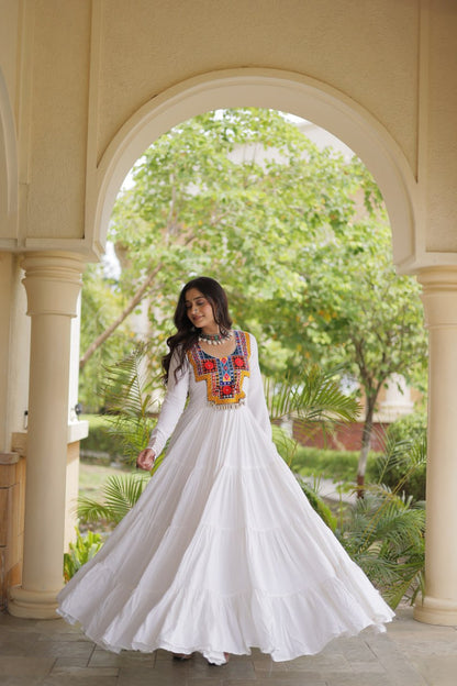 RangBhoomi Navratri Gown Collection 2026 — Wine, Rama & White Embroidered Mirror Work Gown
