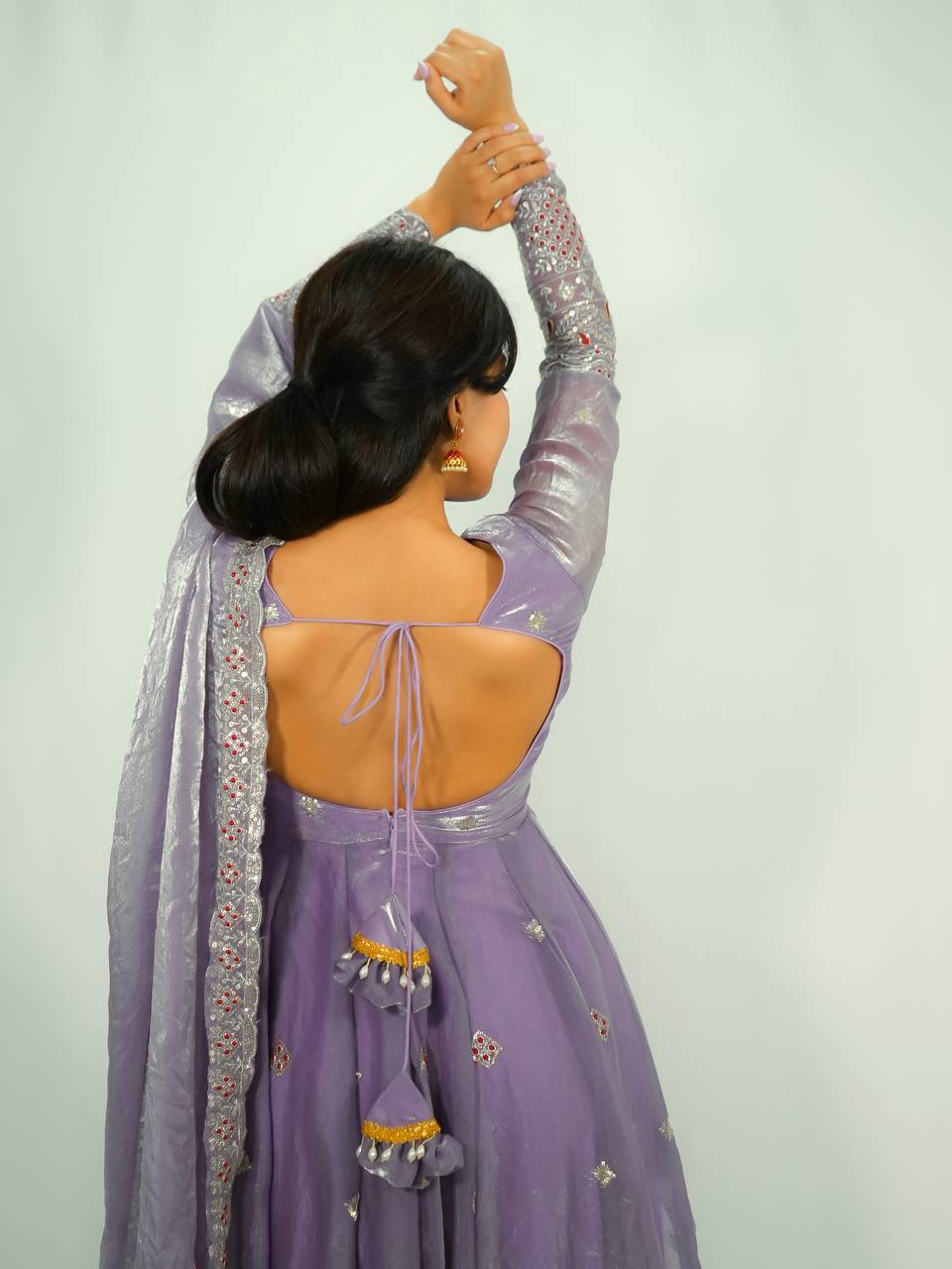 RangBhoomi Designer Party Wear Two-Tone Fandy Silk Embroidered Gown with Dupatta & Plazo