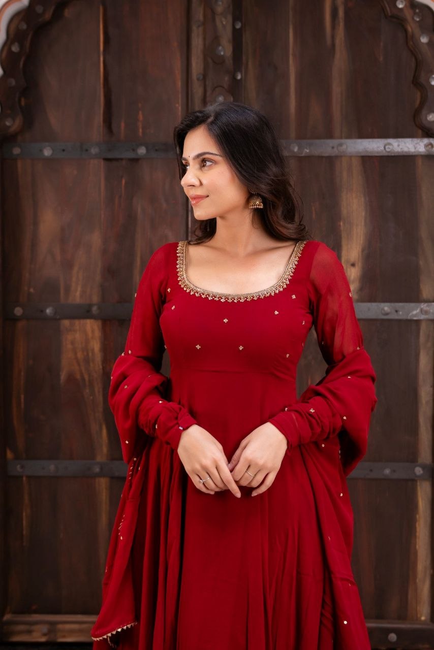 RangBhoomi EHSAAS Georgette Handwork Anarkali Suit Set — Flared Anarkali with Dupatta & Plazzo