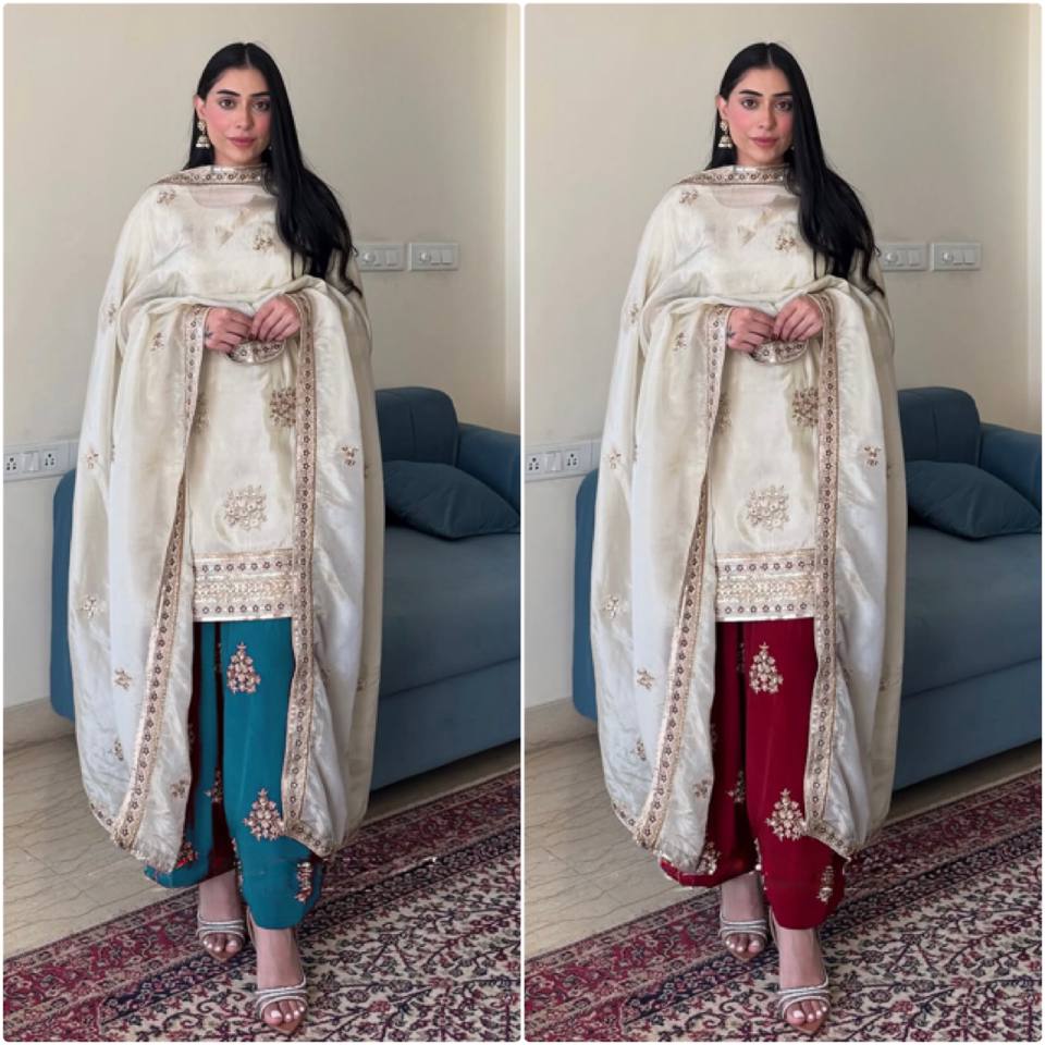 Comparison of teal and maroon Silk Splendor Party Wear outfits by Rangbhoomi.