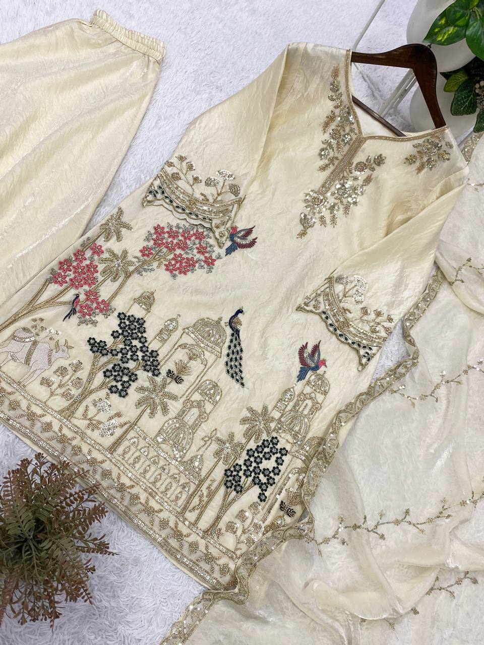 RangBhoomi Designer Beads & Sequence Embroidered Top with Fendy Plazzo and Dupatta