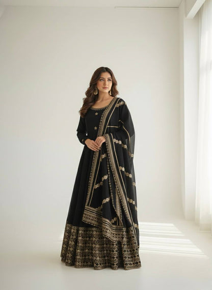 RangBhoomi Premium Chinon Silk Anarkali Gown Set with Heavy Embroidery, 3mm Sequin Sleeve Lace, Crepe Pants, and Sequined Lace Dupatta
