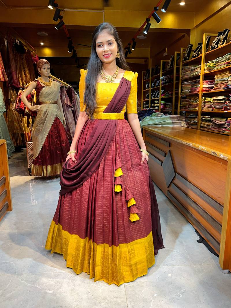 RangBhoomi Premium 5000 Series Elegant Natural Crepe Silk Ethnic Ensemble with Beaded and Threadwork Detailing