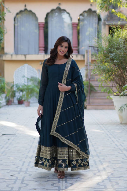 Embroidered Faux Blooming Gown with Dupatta