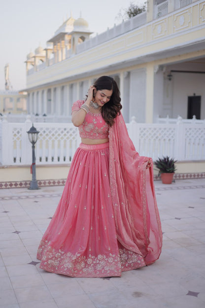 Elegant Lehenga Choli Set with Heavy Sequins and Zari Thread Embroidery in Fendi Silk