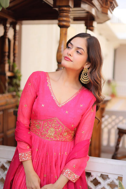 Premium Ready-to-Wear Silk Gown with Embroidered Sequined Dupatta Set