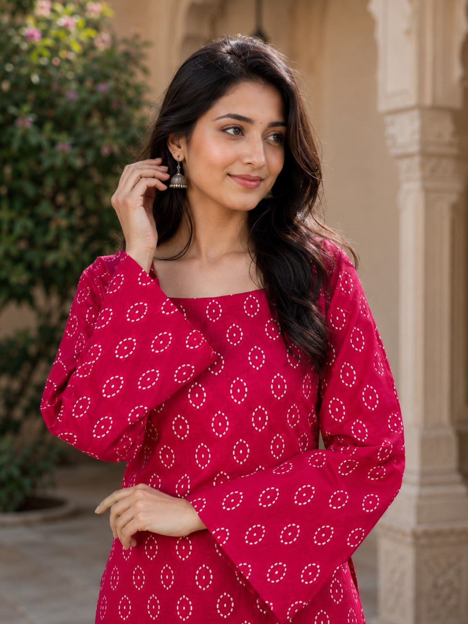 RangBhoomi Premium Cotton Bandhej Printed Top and Linen Cotton Farsi Style Pant Set