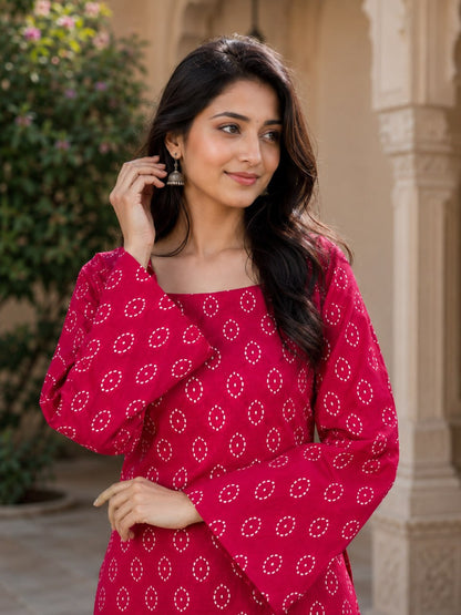 RangBhoomi Premium Cotton Bandhej Printed Top and Linen Cotton Farsi Style Pant Set