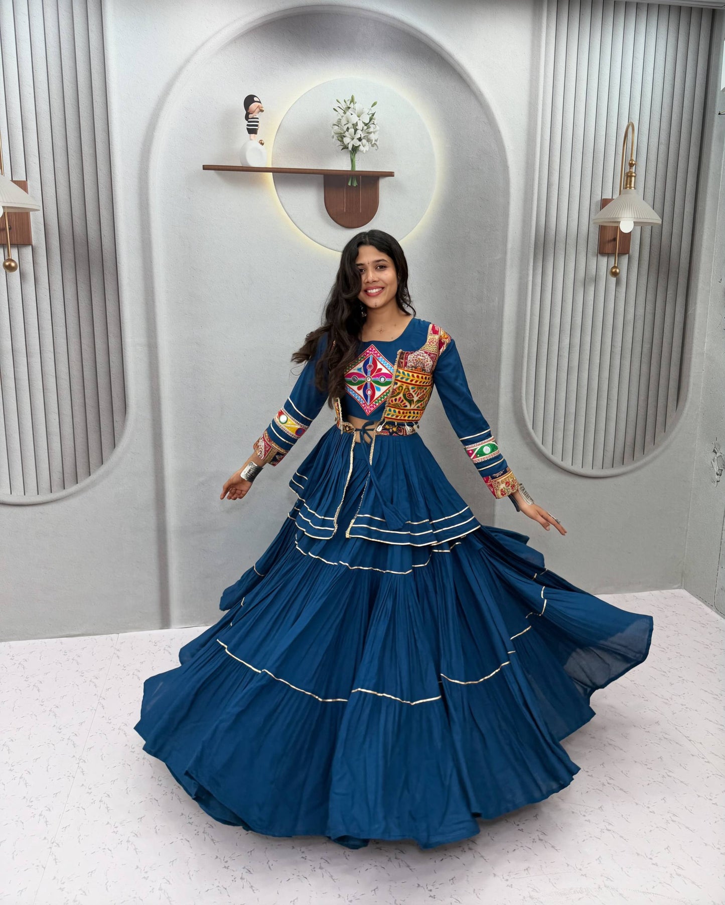 RangBhoomi Navratri Special Gamathi Work 9m Flair Pure Cotton Lehenga Choli - Fully Stitched
