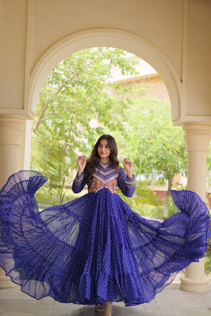 RangBhoomi Bandhani & Kutchi Patchwork Faux Georgette Gown — Navratri Special