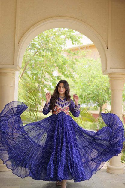 RangBhoomi Bandhani & Kutchi Patchwork Faux Georgette Gown — Navratri Special
