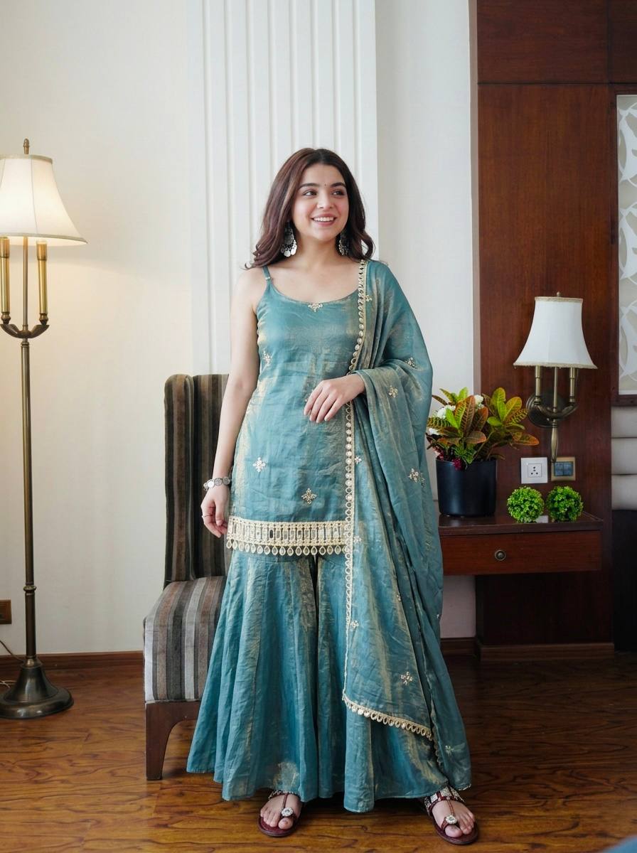 Women's Elegant Ethnic Ensemble with Embroidered Mirror Work - Ready to Wear