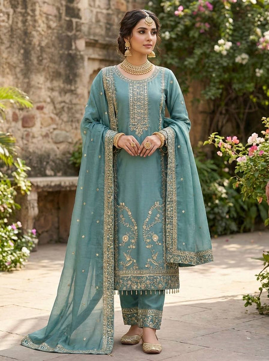 Elegant Designer Ready-to-Wear GMY Silk Three-Piece Set with Heavy Embroidery, Sequins, and Lace Border – Fully Stitched Top, Palazzo, and Dupatta