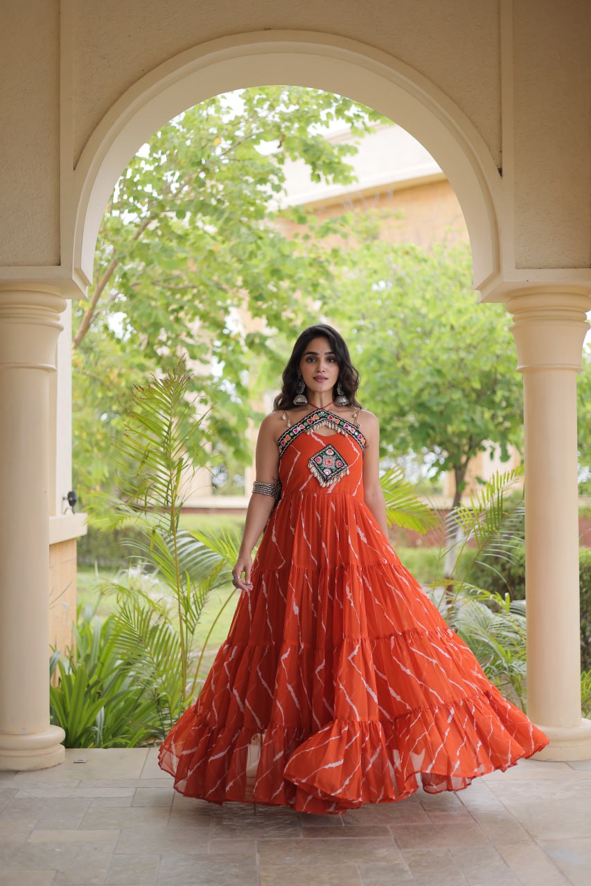 RangBhoomi Navratri Laheriya Patchwork Faux Georgette Gown - Sleeveless 56" Length, L (Adjustable 38-44)